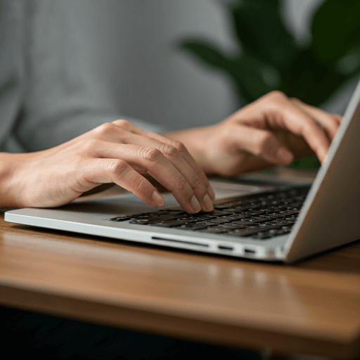 Person typing on a laptop with a modern workspace background